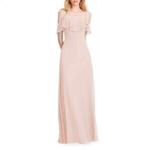 Levkoff Women's Ruffle Cold Shoulder Chiffon Gown Dress Size 12 Petal Pink